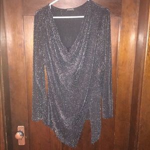 Form fitting black sparkly shirt with cowl neck